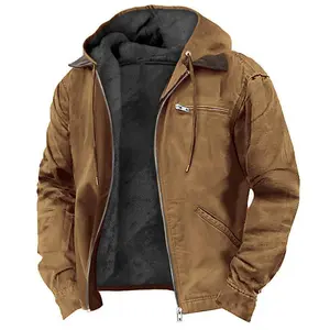 European and American Cross-Border E-commerce Exclusive Solid Color Hooded Cotton Jacket Casual Men's Fleece-Lined Zipper Pocket Jacket Coat