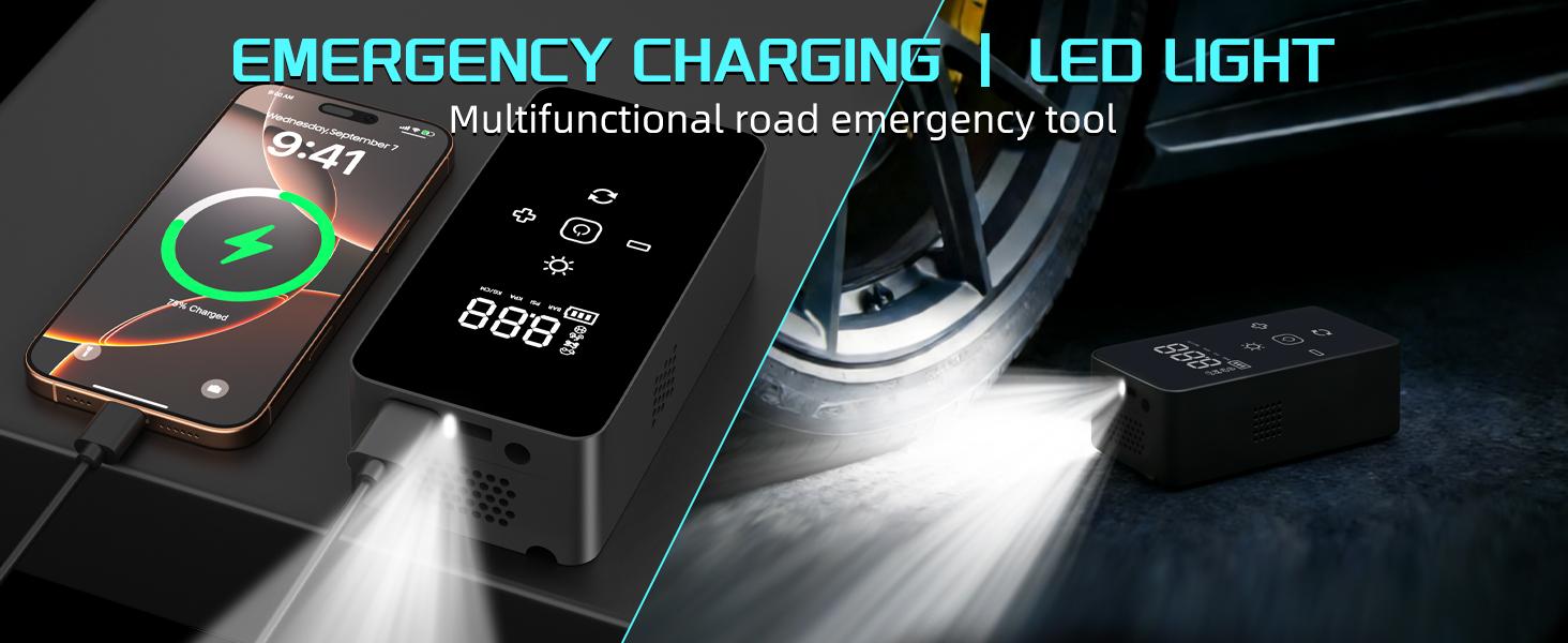 Portable Tire Inflator, 150 PSI Air Compressor, Digital Dual Display, LED Light for Night Use, Suitable for Cars, Motorcycles, Bikes and Balls