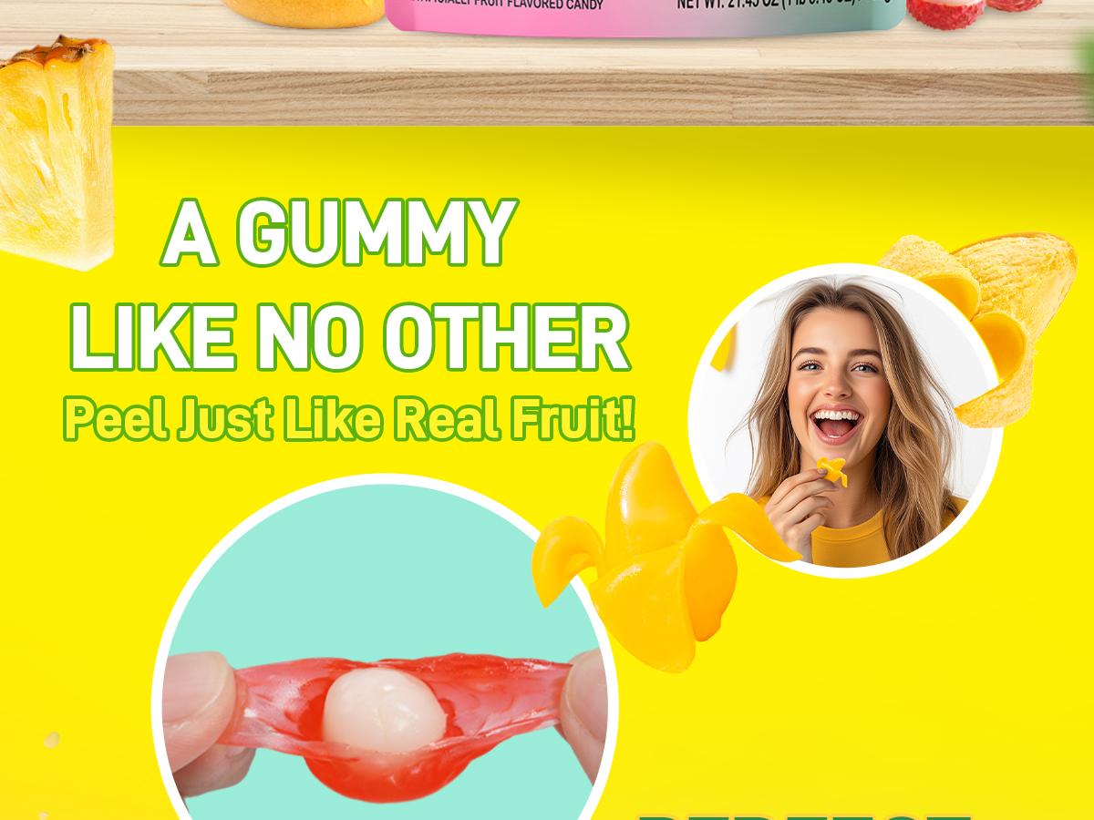 Amos Peelerz Assorted Peelable Gummy Variety Pack – Banana, Orange & Peach | 24 Individually Wrapped Packs (608g) | Fun, Chewy, Shareable Treat