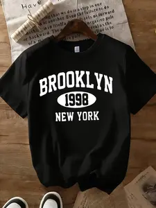 BROOKLYN 1998 NEW YORK Retro Varsity Letter Print Womens Crew Neck Short Sleeve T Shirt Top Three Colors Available Campus Sporty Style Loose Fit Soft Breathable Casual Versatile For Daily Commute And Travel