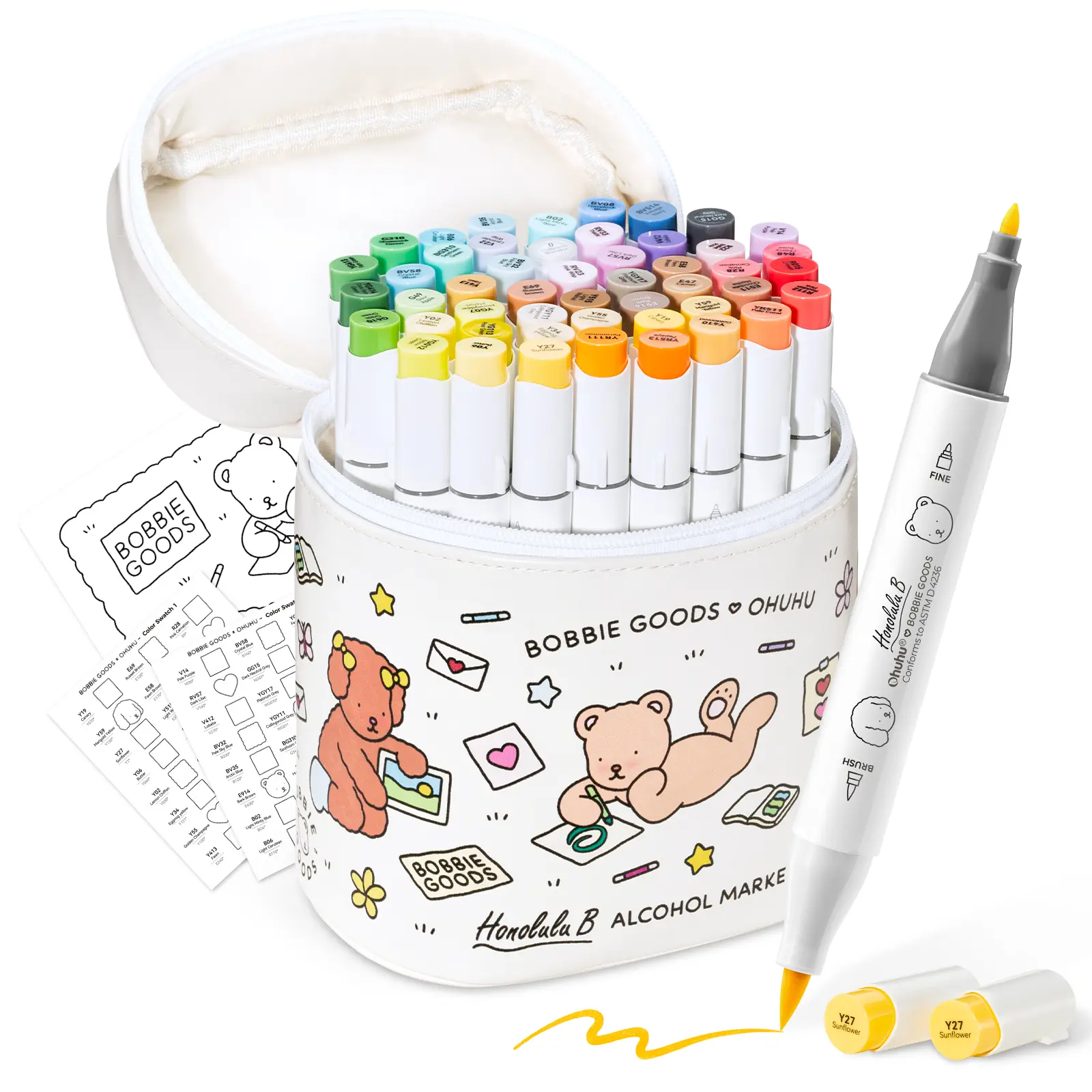 Ohuhu x Bobbie Goods Alcohol Markers Set: Brush & Fine Dual Tip - 48-Color, Art Pen, Brush Marker Drawing & Painting Supplies, Dual Tip Drawing & Painting Supplies for Coloring Books - Honolulu B Series Co-branded Art Supplies Set of Ohuhu