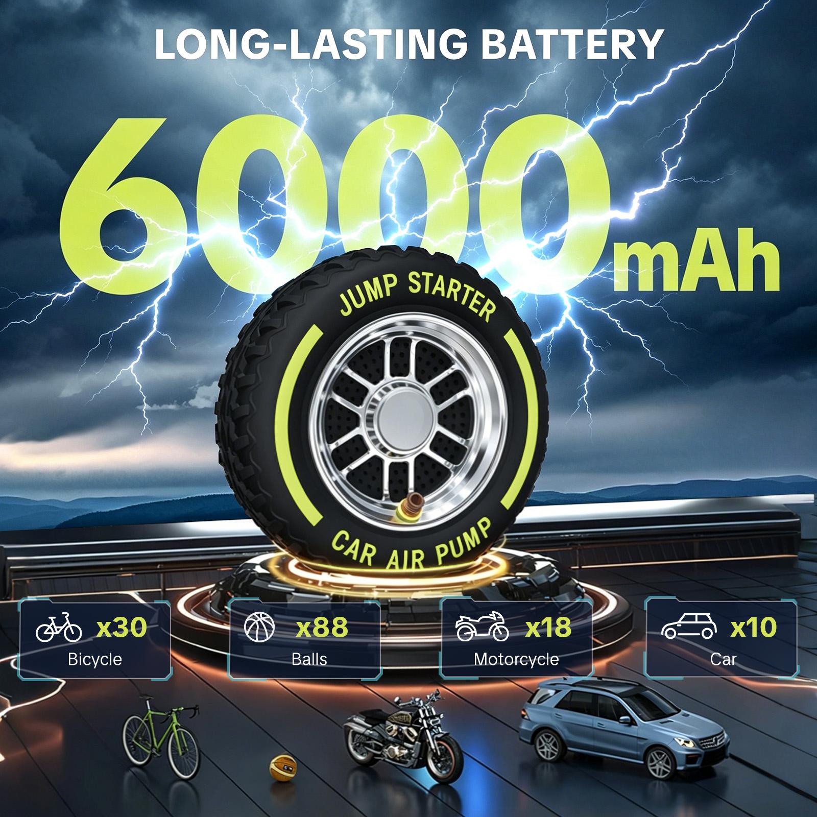 SEESE Tire Inflator Portable Air Compressor, 6000mAh Car Battery Jump Starter with LED light, 150 PSI Cordless Mini Air Bike Pump, Lightning Fast Inflation & Pressure Gauge for Auto, Motorcycles, Bikes, Balls SEESE Tire Inflator Portable Air Compressor, 6000mAh Car Battery Jump Starter with LED light, 150 PSI Cordless Mini Air Bike Pump, Lightning Fast Inflation & Pressure Gauge for Auto, Motorcycles, Bikes, Balls