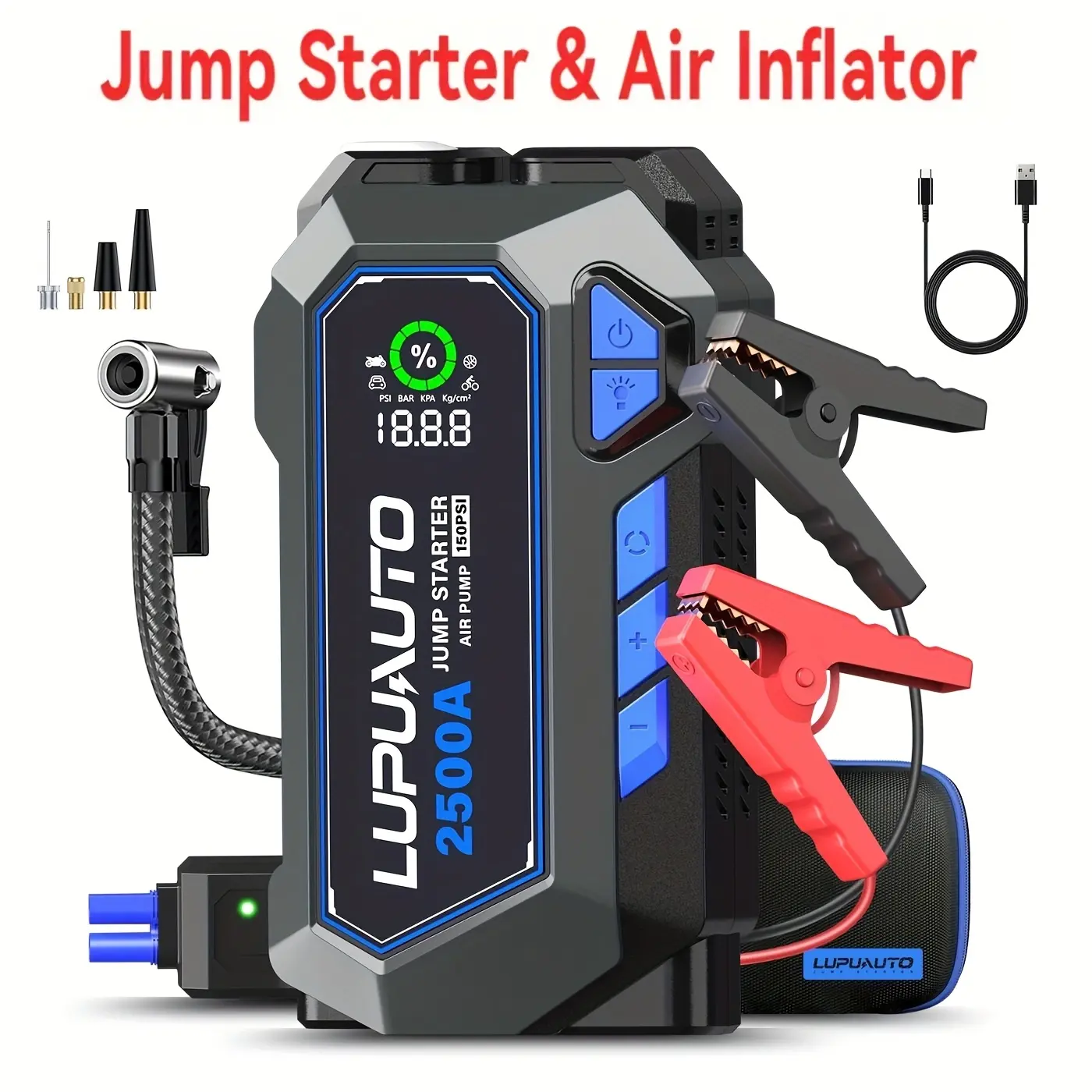 LupuAuto 2500A Portable Car Jump Starter with 150 PSI Tire Inflator Dual USB/USB-C Charging Digital Display LED Lights Lithium Battery Power Bank UltraSafe 2.0 Technology for 1.98gal Gas 1.32gal Diesel Engines Compact Emergency Power Bank, Vehicle Accesso