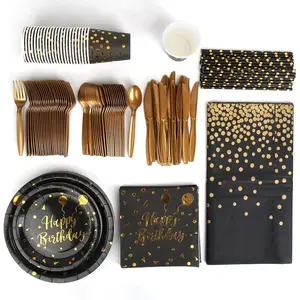 201 Piece Black And Gold Birthday Party Dinnerware Set