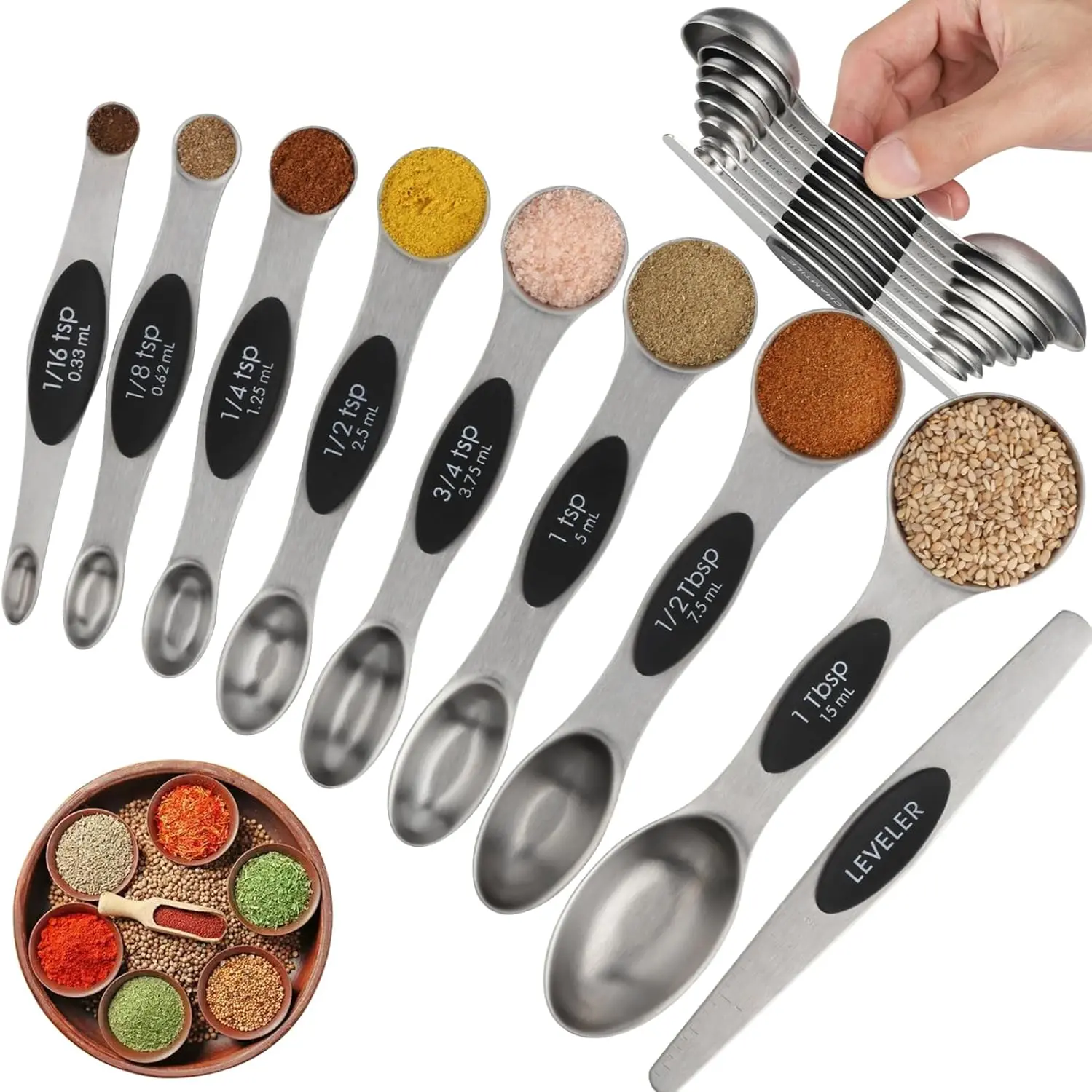 Advanced N52 Magnetic Measuring Spoon Set, Heavy-Duty Stainless Steel Double-Sided Spoons with Leveler, Dishwasher-Safe Black Kitchen Utensils for Spice Jars and Liquid Measurement, 8-Piece Set for Baking and Cooking, Measuring Spoons