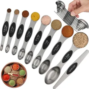 Advanced Magnetic Measurement Spoon Set Strong N52 Magnet Heavy duty Stainless Steel Double sided for Spice Jars and Liquid Measurement Dishwasher Safety 8 Spoons with Leveler for Baking and Cooking Black Kitchen Utensils measuring