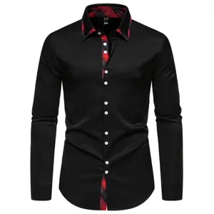 Men's Classic Plaid Collar Long Sleeve Shirt - Casual, Non-Stretch Polyester with Red & Black Accents, Machine Washable, Ideal for Spring/Fall