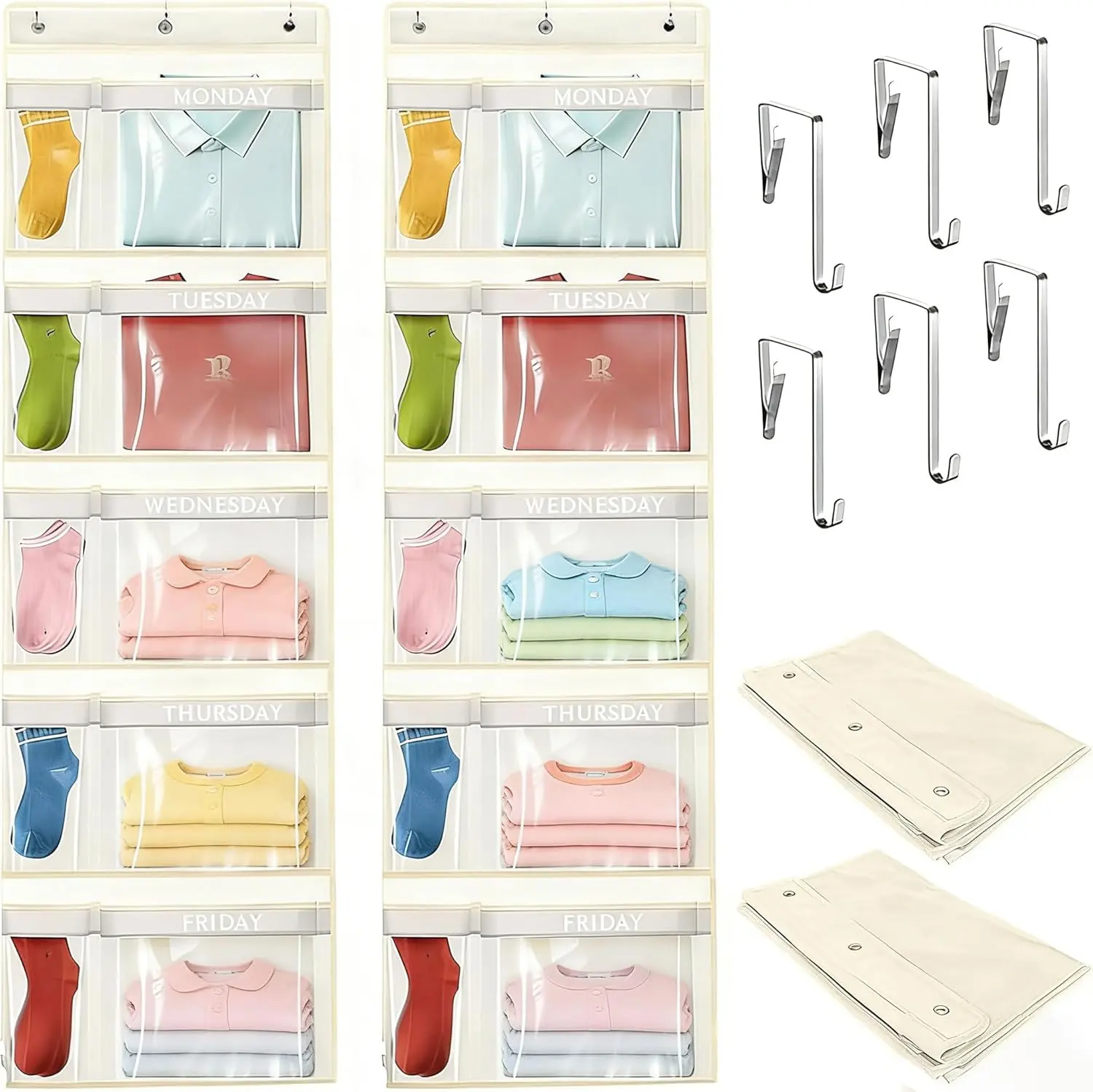 2 Pack Yellow Hanging Closet Organizer, Day of The Week Kids Weekly Clothes Storage Bag, Monday-Friday Labeled School Outfit Sorter for Kid Wardrobe Bedroom Tidy Socks Hangable