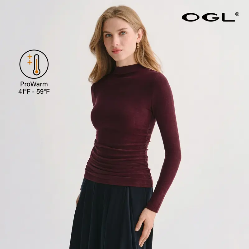 Women's OGL ProWarm Thermal Ruched-Sides Tuckable Mockneck Shirt - Elegant Minimalist ProWarm Knit, Casual Basic Shirts, Pro Women Clothing (41F-59F), Teacher Bae Outfit Sohochic
