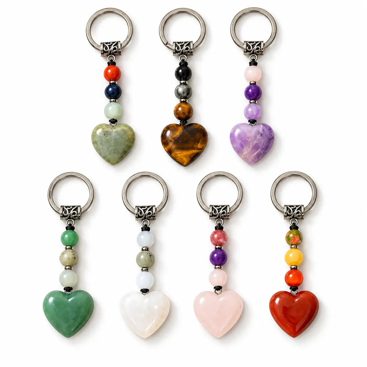 5PCS Natural Crystal Heart Shape Beaded Charm Keychain Set - Unisex Random Styles Healing Stone Bag Charm, Keychains for Women Gift