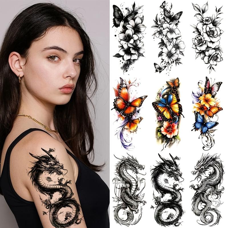 Realistic Temporary Tattoos - 9 Sheets Waterproof Fragrance-Free Unscented Solid PVC Stickers, Glitter Butterfly & Dragon Body Art for Adults, Children, No Battery Needed Casual Single Item