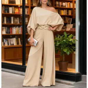 2025 Women's Skew Neck Lantern Sleeve Top & Wide Leg Pants Set Chic Outfit 100%Polyester All Seasons Minimalist Style Coordinated Two-Piece Set Clothes Womenswear