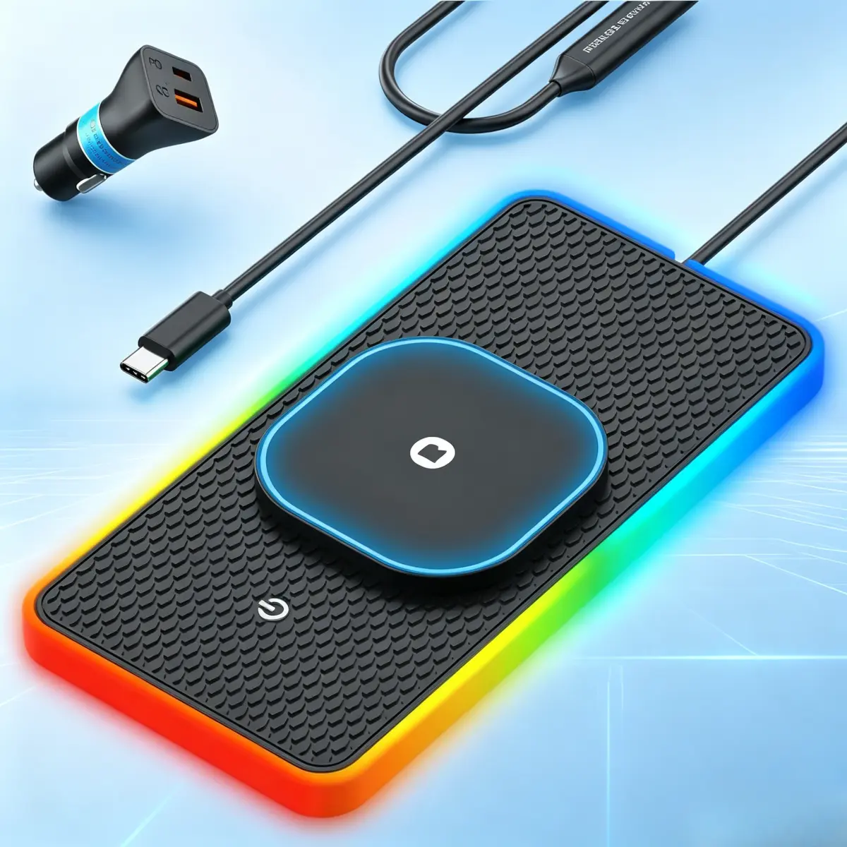 RGB Wireless Car Charging Pad for Mag safe, 15W LED Magnetic Wireless Charger for Car Non Slip Type C Charging Mat with 40W Car Charger Compatible with iPhone 17-12, Airpods (30CM Cable)
