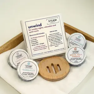 Unwind Shower Steamer Discovery Kit — 4 Calming Handmade Aromatherapy Shower Steamers + Tray