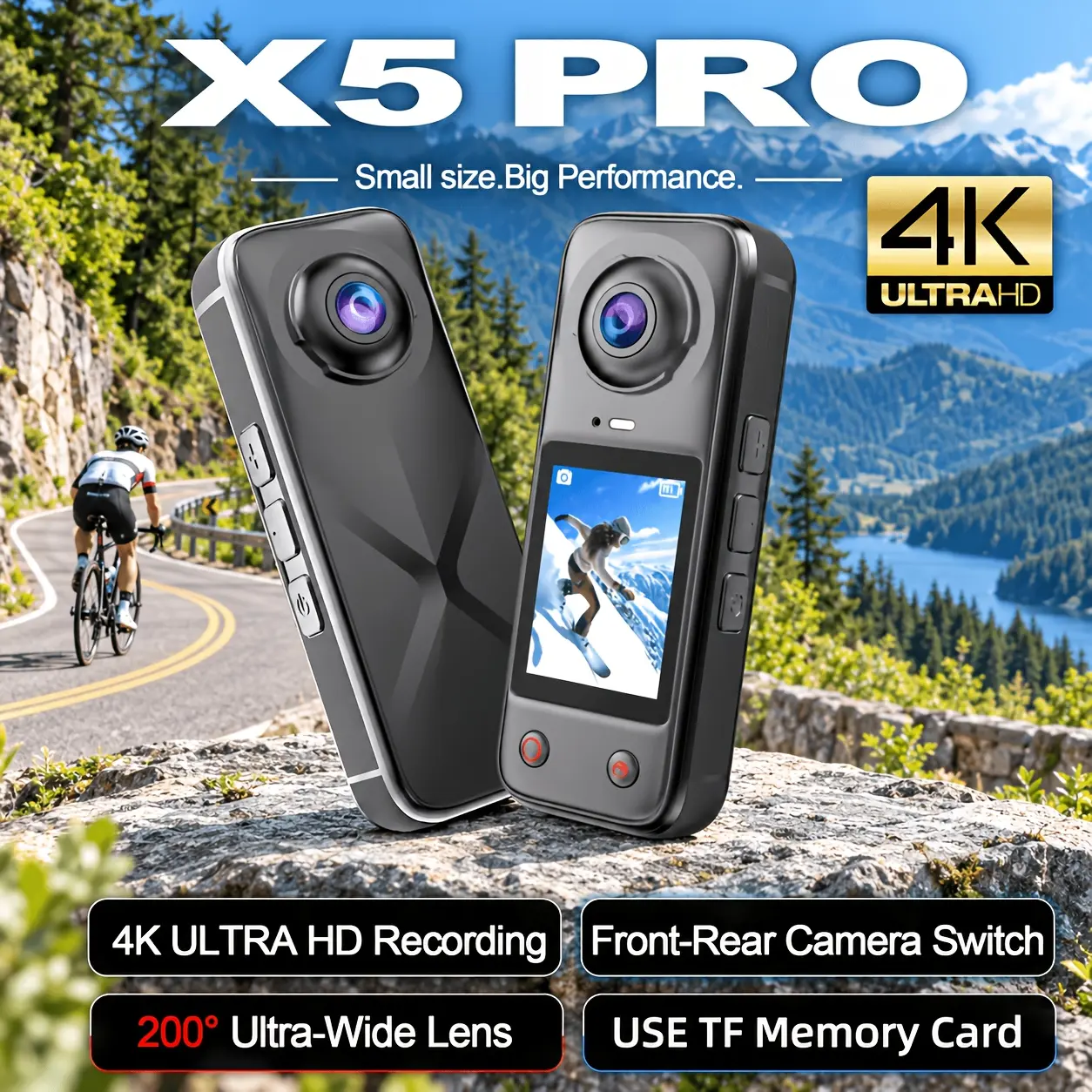 4 Kdegree action camera with 2-inch IPS display, ultra HD panoramic sports camera featuring a 200-degree wide-angle dual front and rear lens, handheld digital sports camcorder with full accessory kit, ideal for vlogging and travel
