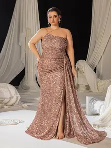 [Plus Size] Glitter Sequins Split Thigh Dress, Elegant Sleeveless Maxi Evening Party Gown, Women's Clothes for All Seasons, Formal Sleeveless Dress, Womenswear, Formal Dresses