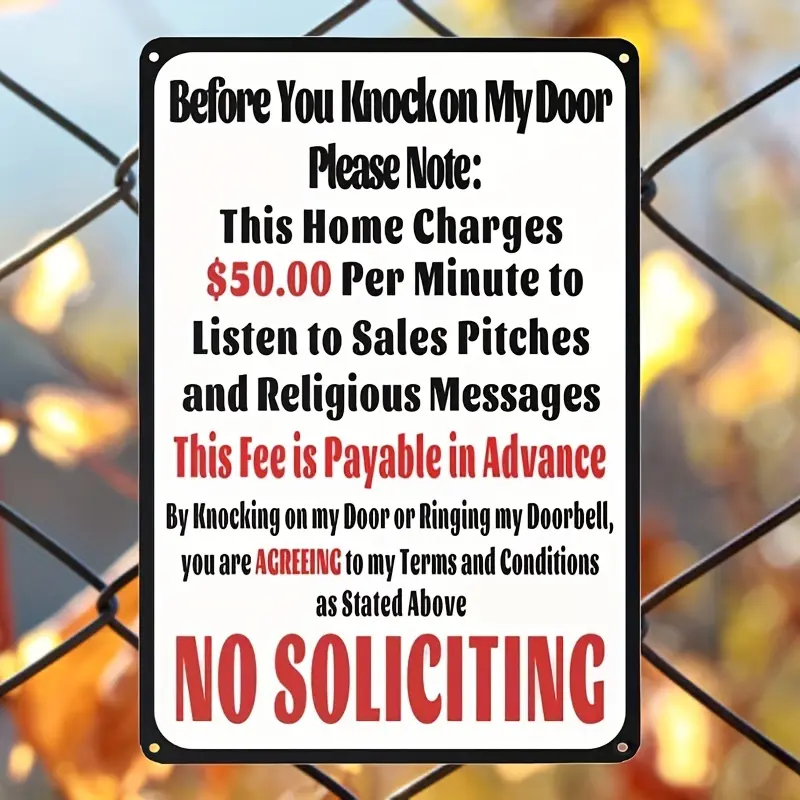 Humorous 'No Soliciting' Tin Sign - 8"X12" | Perfect For Home, Yard & Business Door Decor