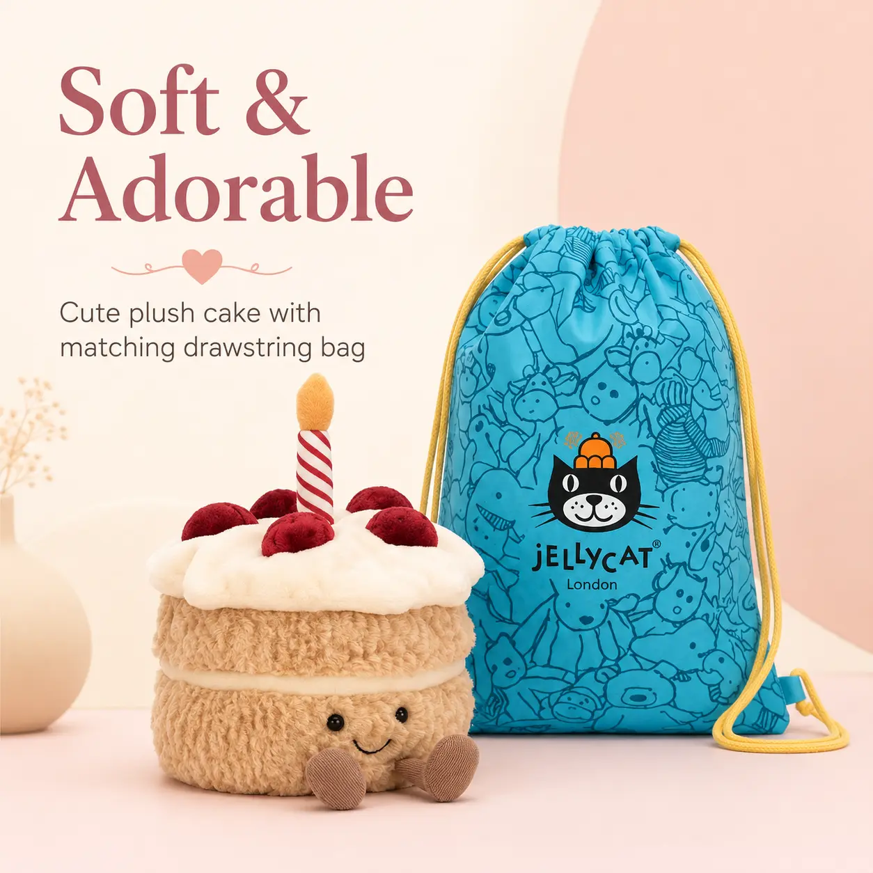 Jellycat Amuseables Birthday Cake Plush, Soft Stuffed Cake Toy with Candle, Cute Birthday Gift for Kids & Adults, Party Decor Collectible