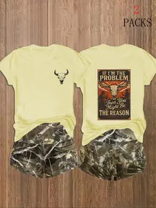 Women's Western Cowboy Short-Sleeve Cotton T-Shirts – Ranch-Inspired Casual Wear 2-Pack White with Bull Skull Western Graphic Design
