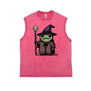 Men's "Wizard Frog" Retro Distressed Vintage Washed Pure Cotton Tank Top - Loose, Sleeveless, Breathable Streetwear Casual Menswear Vest