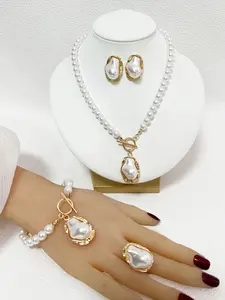 Vintage Gold Trimmed Baroque Pearl Elegant Jewelry Set, Necklace Bracelet Ring Earrings, Perfect for Dates Festivals Gifts