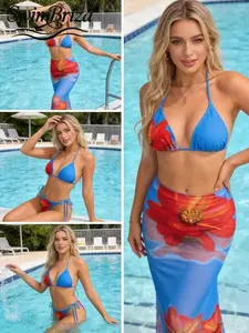 Briza｜Triangle Biknis Bikini Blue Red Floral Bikini Sets With Tie Side Bottoms And Sheer Skirt With Swimsuit Cover Up For Women Bathing Suit Women Set, Swimsuits 2 Piece Two-Piece Swimsuit, Swim Sets For Women Vacation Swimwear For Women