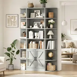 LH-Heavy Duty Storage Shelf Cabinet 75in Tall 6-Tier Wide Floor Bookshelf with Doors Modern Wooden Display Organizer for Home Office Living Room Bedroom