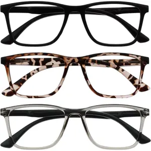 Reading Glasses with Blue Light Blocking for Women Men, Rectangular Frame with UV & Eyestrain Protection, Anti-Glare Computer Gaming Glasses, Black, Brown, Grey +1.0 (Pack of 3)