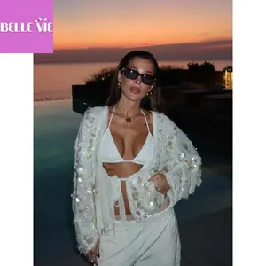 Belle Vie Women's Tie Front Wrap Sequin Cardigan V Neck Oversized Long Sleeve Y2k Glitter Jacket for Concert Party White Casual Outerwear