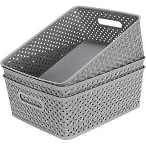 3 Packs Large Grey Plastic Woven Storage Organizer Baskets with Handles, Organizing Bins for Home and Office Organization and Storage