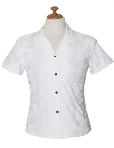 Fitted Hawaiian Blouse White Hibiscus Leis