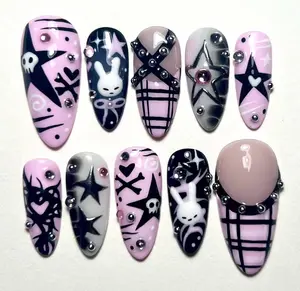 Gothic Bunny Punk Press On Nails, Y2K Emo Nails, 3D Bunny Design, Plaid Punk Art, Edgy Cute Aesthetic