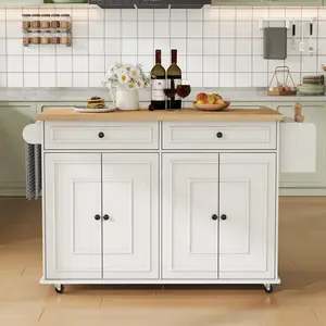 【SPRING GLOW UP】ONBRILL 58 Inch Width Kitchen Island Cart with Cabinet and Drawers, Locking Wheels