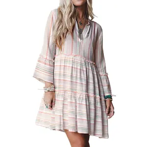 Dokotoo Women Casual Loose Fit Ruffle V neck 3/4 Length Sleeve A-line Shift Dress Lightweight Babydoll Dress Spring Flowy Hawaiian Dresses for Women