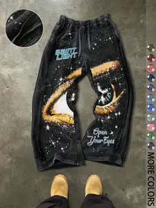 Men's Casual Loose Cotton Sport Pants, Trendy Graphic Eye Print, Drawstring Waist, Ankle Length, All Seasons, Street Style, Ideal Gift