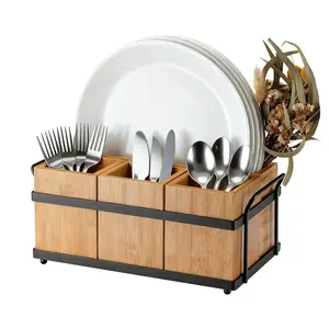 Garvee Bamboo Utensil Holder with 4 Detachable Compartments and Metal Tray, Wooden Flatware Silverware Caddy Organizer for Kitchen, Camping, Picnic, Party, and Buffet Use