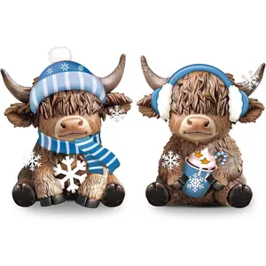 2 count Highland Cow Figurines Winter Snowflake Highland Cow  Scottish  Statue  Lovers Gifts for Winter  Garden Kitchen Office Tiered Tray Table Decor