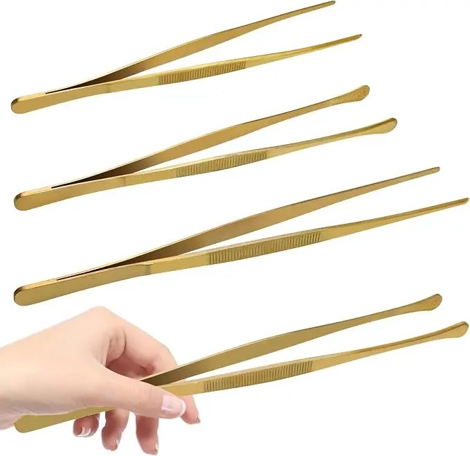 4Pcs 12 Inch & 10 Inch Stainless Steel Tweezer Set, Gold | Food-Grade Rust-Resistant, Serrated Tip Secure Grip, Two Sizes for Delicate To Meats, BBQ Plating Repair