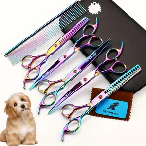 NEPURLson 7.5-Inch Professional Pet Grooming Scissors Set - Vibrant Iridescent Stainless Steel, Right-Handed Dog & Cat Hair Cutting Tools with Combs and Repair Kit - Perfect for Teddy Breeds, Pet Grooming Supplies