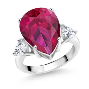 Gem Stone King 10.56 Cttw Red Created Ruby and White Moissanite 3-Stone Ring For Women | 925 Sterling Silver | Pear Shape 16X12MM |Three Stone Wedding Engagement Anniversary Promise Ring