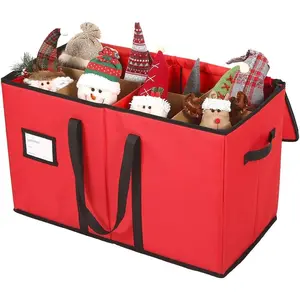 Christmas Figurine Storage Box & Nutcracker Storage Container, 600D Canvas, Keeps 8 Holiday Figurines, 15 Inches, Adjustable Area & Pockets for Decorations