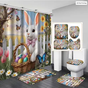 1/3/4PCS Easter Cartoon Bunny with Egg filled Basket and Butterflies Shower Curtain Set with Rugs, Non Slip Bath Mat, U-Shape Carpet, Toilet Lid Cover, Bathtub Curtain Accessories, 12 Hooks, Home Bathroom Festi