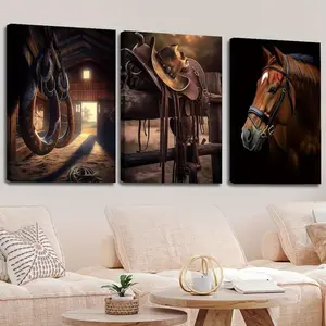 3-piece Western Cowboy Canvas Wall Art Set - Country Farmhouse Decor, Featuring Horse, Cowboy, and Horse in Stable - Thick Solid Wood Framed Art - Ready-to-hang Western Home Decor for Living Room, Office, Ranch - Ideal Gift for Housewarming, Birthday, Wed
