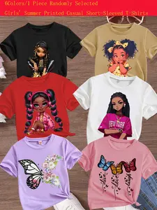 Girls' Summer Trendy Fashion Short Sleeve T-Shirt, Cartoon Print Graphic Shirts Comfortable Versatile Top, Random Style Sent, Perfect Gift
