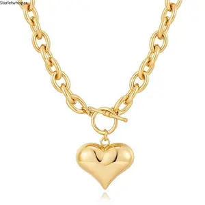 Gold Plated Chunky Chain Necklace for Women, Puffy Heart Pendant with OT Clasp, Minimalist Trendy Design, Thick Durable Chain Jewelry for Daily & Street Style Outfits