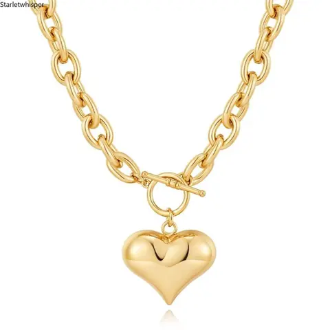 Gold Plated Chunky Chain Necklace for Women, Puffy Heart Pendant with OT Clasp, Minimalist Trendy Design, Thick Durable Chain Jewelry for Daily & Street Style Outfits