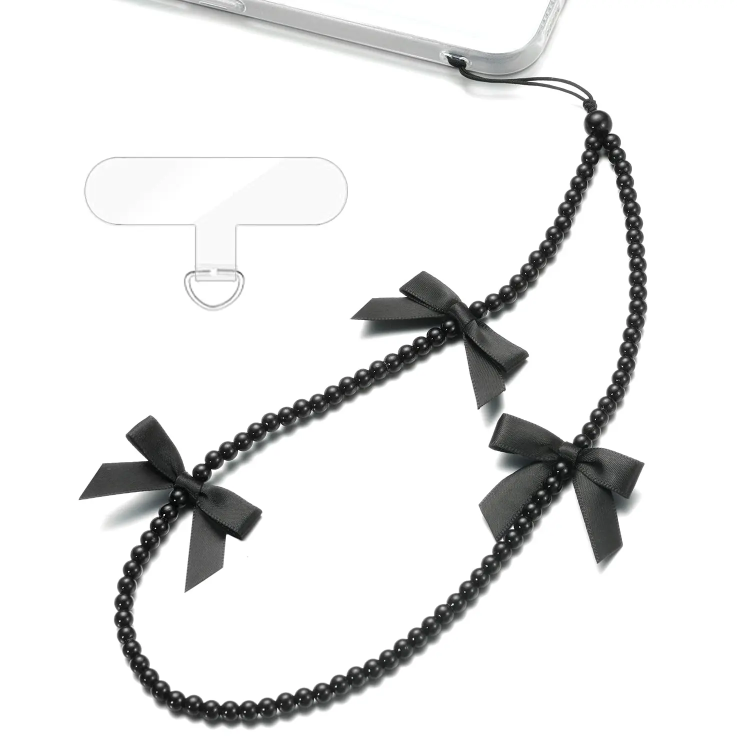 TRBR Black Phone Charm Wrist Strap, Beaded Lanyard Wristlet Chain, Anti-Theft & Hands-Free Bracelet Strap for iPhone & More Cell Phone Cases, Bow (Black Bow)