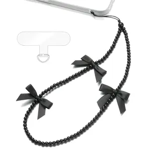 TRBR Black Phone Charm Wrist Strap, Beaded Lanyard Wristlet Chain, Anti-Theft & Hands-Free Bracelet Strap for iPhone & More Cell Phone Cases, Bow (Black Bow)