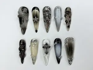 Cool Gothic Press On Nails | Luxury Black Silver Jeweled Nail charms | Luxurious Chrome and Holiday Nail Art |Long Stiletto Nail Set