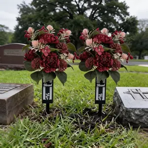 Red Cemetery Flowers for Grave: 2 Pcs Peony Grave Flower Bouquets for Cemetery Decorations - Spring Outdoor Gravesite Flowers with Vase for Mother's Day